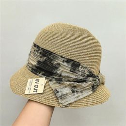 Wide Brim Hats Bowknot Straw Hat With Ribbon Holiday Breathable Fisherman Women Girls UV Protection Sun Beach Cap Panama Caps
