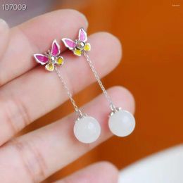 Dangle Earrings Natural Hetian Jade White Ethnic Style Women's Retro Elegant Chinese Sterling Silver Butterfly