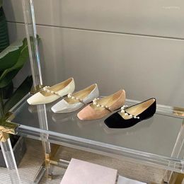 Casual Shoes 2024 European And American Women's Pearl Flats Genuine Leather French Style Mary Jane Square Toe Ballet