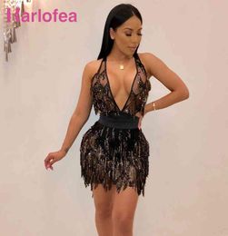 Women Sexy Deep V Neck Club Night Party Wear Vestidos Shiny Sequin Fringe Backless Lace Up Sheer Mesh Mini Dresses 2105205870120