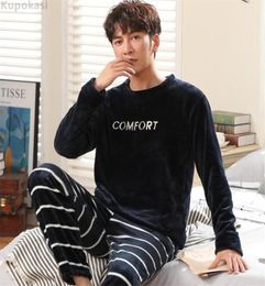 Men039s Sleepwear Kupokasi Men Flannel Pyjamas Sets Winter Warm Striped Letters Coral Fleece Thick ONeck Suit Pyjamas For Man 90033274781