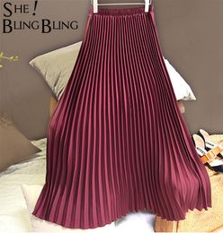 Sheblingbling Women Long Skirt Spring Summer Stretchy High Waist Maxi Pleated Skirt Ankle Length Elegant Female Casual Skirts T2001594181