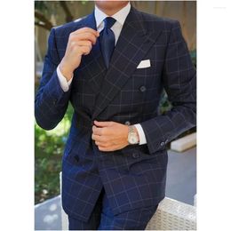 Men's Suits Navy Blue Plaid Elegant Peaked Lapel Double Breasted Formal Full Set For Wedding Groom Dress 2 Piece Jacket Pants