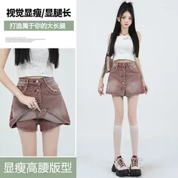 Skirts Denim Short Skirt For Women Summer Y2k Vintage Single-breasted Half-body A-line Trouser High-waisted Slim Mini Pants