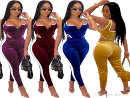 Womens Velvet romper two Piece Outfits set Sexy sleeveless vest jumpsuits Bodycon long Pants leggings tracksuit sweatsuit clothing9409717
