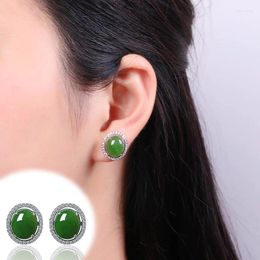 Stud Earrings Natural An Jade Jasper S925 Sterling Silver Inlaid Round Women's Pendant Emerald Jewelry