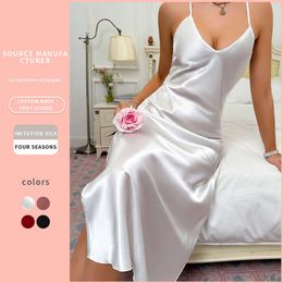 Danilin Seksowna i modna lodowa sukienka z jedwabną sukienką, solidny kolor cienki w stylu piżamą, damskie ubrania domowe, jedwabna piżama