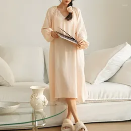 Women's Sleepwear Casual Muslin Cotton Gauze Dress Women V-neck Long Sleeve Loose Robe Beige Colour Nightdresses Outfitwear Vestidos Mujer