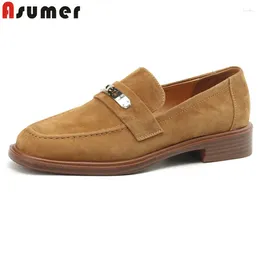 Dress Shoes ASUMER 2024 Suede Leather Women Loafers Square Low Heels Handmade Round Toe Slip On Spring Autumn Ladies Office