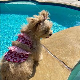 Dog Apparel Leopard Bikini Beach Swimsuit With Hat Swimming Cap Puppy Bathing Dress Suit Summer Party For Small Girls