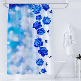 Shower Curtains Blue Roses Flower Curtain Butterflies Fabric Waterproof Polyester Bathroom Accessories Bath Screen Decor For Bathtub