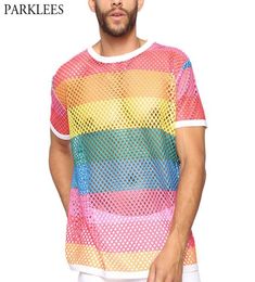 Men039s TShirts Fashion Sexy Mesh Men T Shirts Rainbow Party Tshirt Clothes 2021 Seethrough Fishnet Tshirt Streetwear Mens T2283215