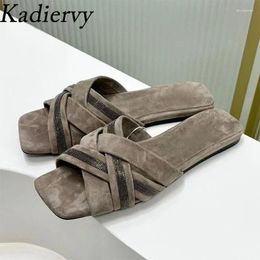 Slippers Summer Women Cross Strap String Bead Slides Square Peep Toe Mules Flat Shoes Woman Cow Suede Cosy