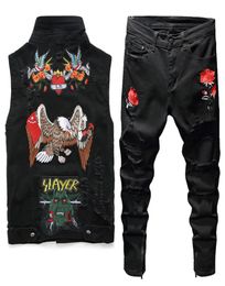 2019 New Men Black Jeans Sets Fashion Spring Embroidered Phoenix Flower Hole Distressed Suit Denim Vests Pants Mens Clothing 2 Pi5917136