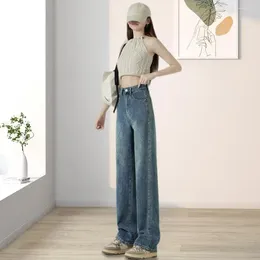 Women's Pants Denim Trousers With Fading Warning Retro High Waist Wide Leg Jeans Gradient Colour Loose Pockets Stylish For Women