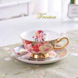 Vintage Rose Bone China Tea Cup Saucer Spoon Set 200ml Advanced Porcelain Coffee British Cafe Afternoon Teacup Drop 240518