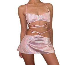 Women039s Tracksuits 2021 Sequined Pink TwoPiece Fairy Grange Short Top Mini Skirt Summer Costume Sexy Club Carnival Set86731472453994
