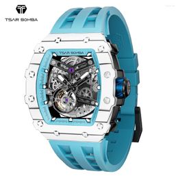 Wristwatches TSAR BOMBA Watch For Men Carbon Fiber Luxury Automatic Mechanical Watches Sapphire Clock Waterproof Skeleton Mens WristWatch