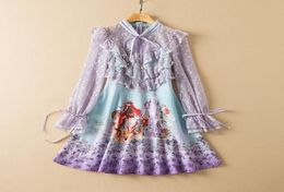 2022 Spring Long Sleeve Round Neck Lavender Print Lace Ribbon Tie Bow Panelled Short Mini Dress Elegant Casual Dresses 21D1611176141494