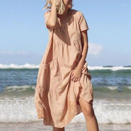 Casual Dresses Fashion O-neck Short Sleeve Solid Maxi Dress Women 2024 Summer Loose Cotton Linen Beach Long For Robe Femme