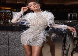 2021 Glitter Short Cocktail Dresses Beaded Long Sleeves Mini Length Straight Prom Formal Evening Party Gowns White Feather Homecom8256453