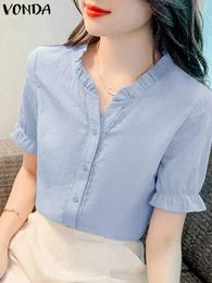 Women's Blouses Women Fashion Shirts Solid Colour Sexy Short Sleeve Tops 2024 VONDA Casual Ruffle Blouse Summer V Neck Oversized Blusa Baggy