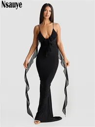 Casual Dresses Sexy Women Maxi Elegant Club Backless Evening Party Holiday 2024 Summer Bodycon Ruffles V Neck Y2K Dress Outfits