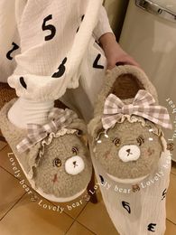 Slippers Cute Bow Bear Slipper For Women Girls Fashion Kawaii Fluffy Winter Warm Woman Cartoon House Funny Shoes
