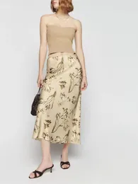 Skirts Ladies Tulip Printed Silk Midi Skirt 2024 Summer Women's Elegant High Waist Mid-Length Jupe