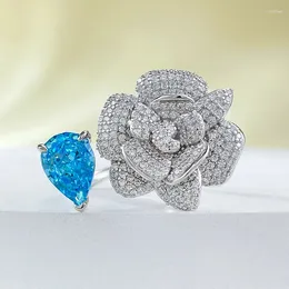 Cluster Rings Jewellery Spring Product Camellia Ring 925 Silver Inlaid 7 10 Sea Blue Flower Cut Small And Versatile Simple
