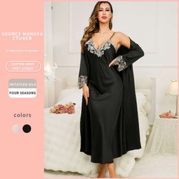 Simulated silk suspender nightgown set, simple casual and sexy printed pajamas, two-piece set for women's home wear