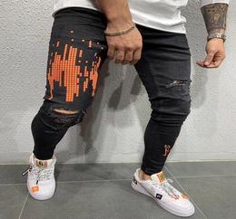 Mens Printed Hip Hop Jeans Streetwear Men Fashion Clothing Digital Prints Holes Skinny Black Long Denim Pants7789715