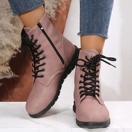Boots 2024 Pink Low Heels Ankle Women Plus Size Side Zipper Short Booties Woman Autumn Winter Lace Up Shoes Female