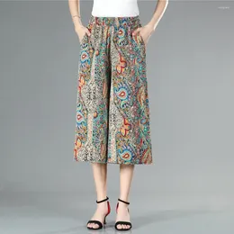 Women's Pants Summer Cropped Floral Print Wide Leg Culottes With Pockets Comfy Yoga Workout For Women Mid-calf Trousers