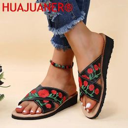 Slippers HUAJUANER Fashion Flower Wedge For Women Summer Open Toe Non-slip Beach Shoes Woman Comfort Low Heels Slides Female