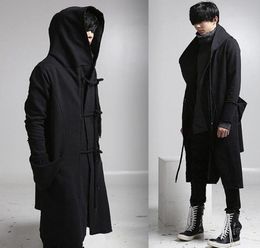 Whole mens casual wool overcoat hooded fashion long trench coat men hip hop black long coat hoodie jacket9451315