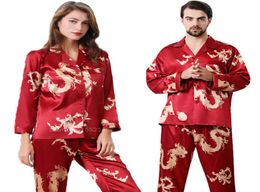 Women Silk Satin Pajamas Set 2PCs Full Sleeve Top Trousers Chinese Style New Year Dragon Print Lounge Men Couple039s Pyjamas PJ3916424