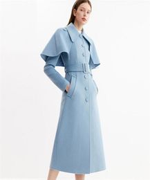 Autumn Winter Woollen Coat Women Light Blue Single Breasted Belted Cloak Lapel Slim Temperament Wool Coat Thick Outerwear 2201181240140