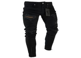 2021 Black Stretch Ny Fit Bottom Zipper Men Knee Ripped Distressed Hole Biker Jeans Pants Hip Hop Street Big Size xxxl9644295