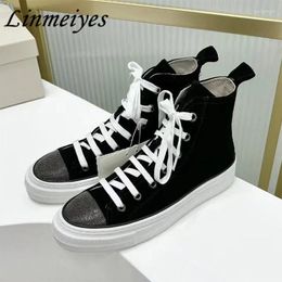 Casual Shoes High Top Woman Round Toe Lace Up Comfort Walking Cow Suede String Bead Outdoors Flat Sneakers Women