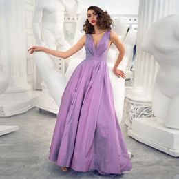 Party Dresses Purple Deep V-neck A-line Evening Dress Floor Length Sleeveless Formal Gown Open Back Draped Long 2024 Latest