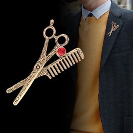 Brooches Fashion Classic Retro Men's Rhinestone Pin Badge Hairdresser Scissors Brooch Comb Suit Accessories Wholesale