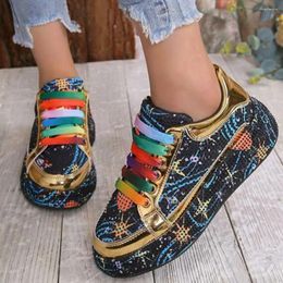 Casual Shoes Women Rhinestone Decor Colorblock Lace-up Front Skate Sporty Outdoor Fabric