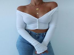 Women Long Sleeve Crop Tops Sexy Deep V Neck Basic Solid Black White Lady Casual Tshirt Sexy Off Shoulder T Shirts Summer Autumn Y6355067