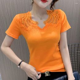 Women's T Shirts Summer Fashion Casual Short Sleeved Sexy Lace Patchwork Diamond Tops Girl Cotton Tees Shirt Blusas