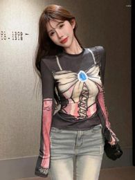 Women's T Shirts Y2k Aesthetic Vintage Bow Print Tees 2024 Spring Slim Streetwear Contrast Colour Tshirts Women Harajuku Grunge Crop Mesh