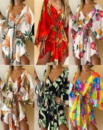 Casual Dresses Summer Beach Elegant Women Sexy V Neck Laceup Floral Print Mini Dress Flared Sleeves Ladies Party DressCasual7661158
