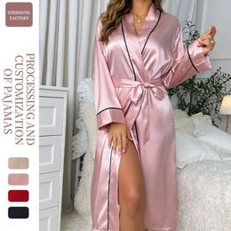 Long Ice Silk Nightgown Summer Thin Fashion Simple Home Fur Women's Sexy Cardigan Bathrobe
