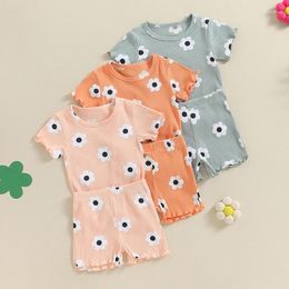 Clothing Sets Toddler Baby Girl Summer Clothes Floral Ruffle Ribbed Knit Short Sleeves T-Shirt Tops Shorts Cute Outfits Set