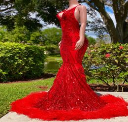 Arabian Sexy Black Girl Mermaid Prom Dresses Red Sequined Elegant Backless Feather Evening Gowns long Women Formal Dress Robe de s7348209